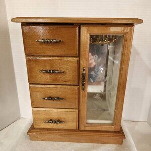 VTG Wooden Jewelry Box w/ 4 Drawers & Necklace Rack Flower Etched on Glass Door